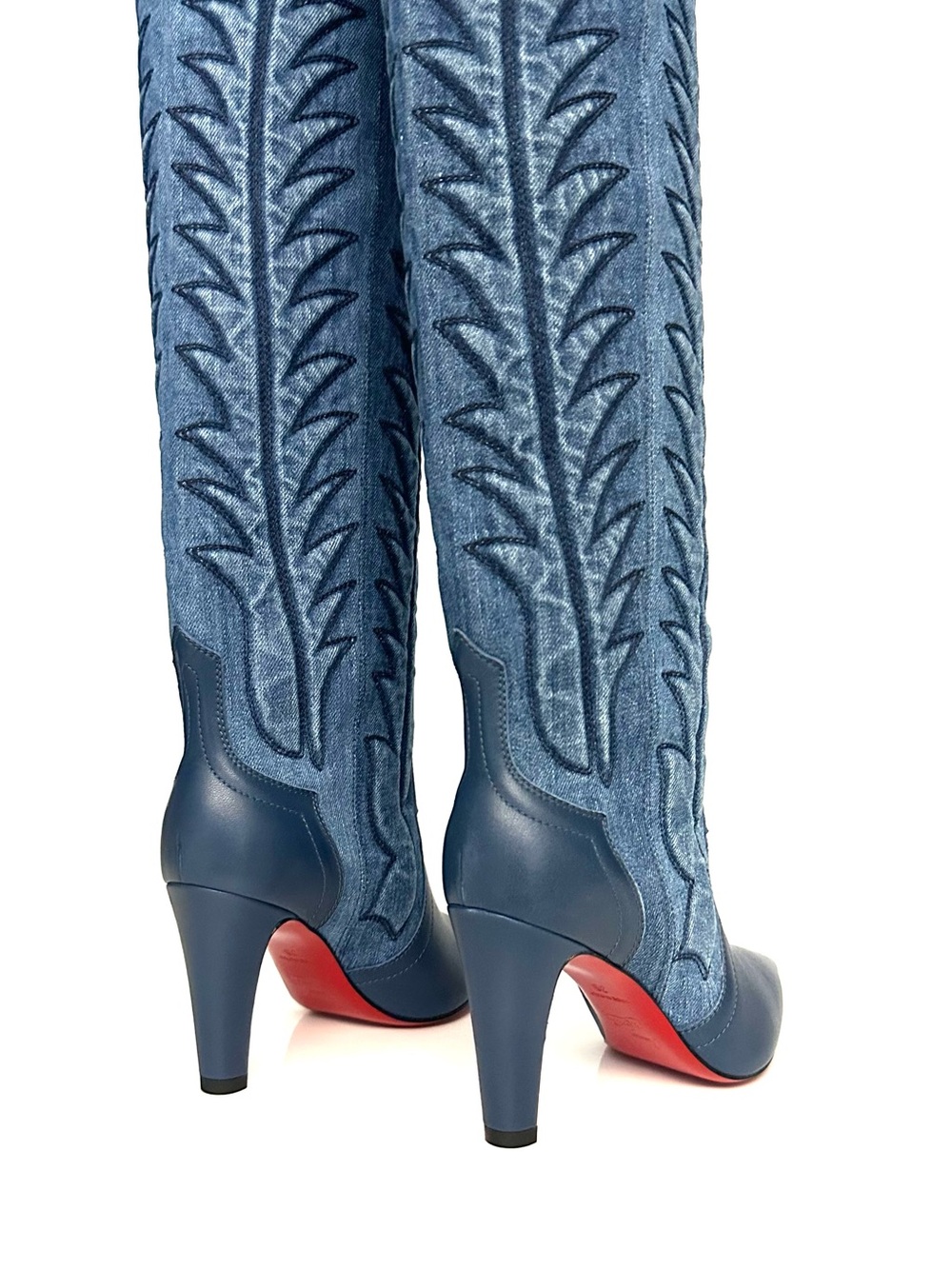 Christian Louboutin Santia 85mm Knee-High Western Boots in Leather and Denim - Picture 7 of 11